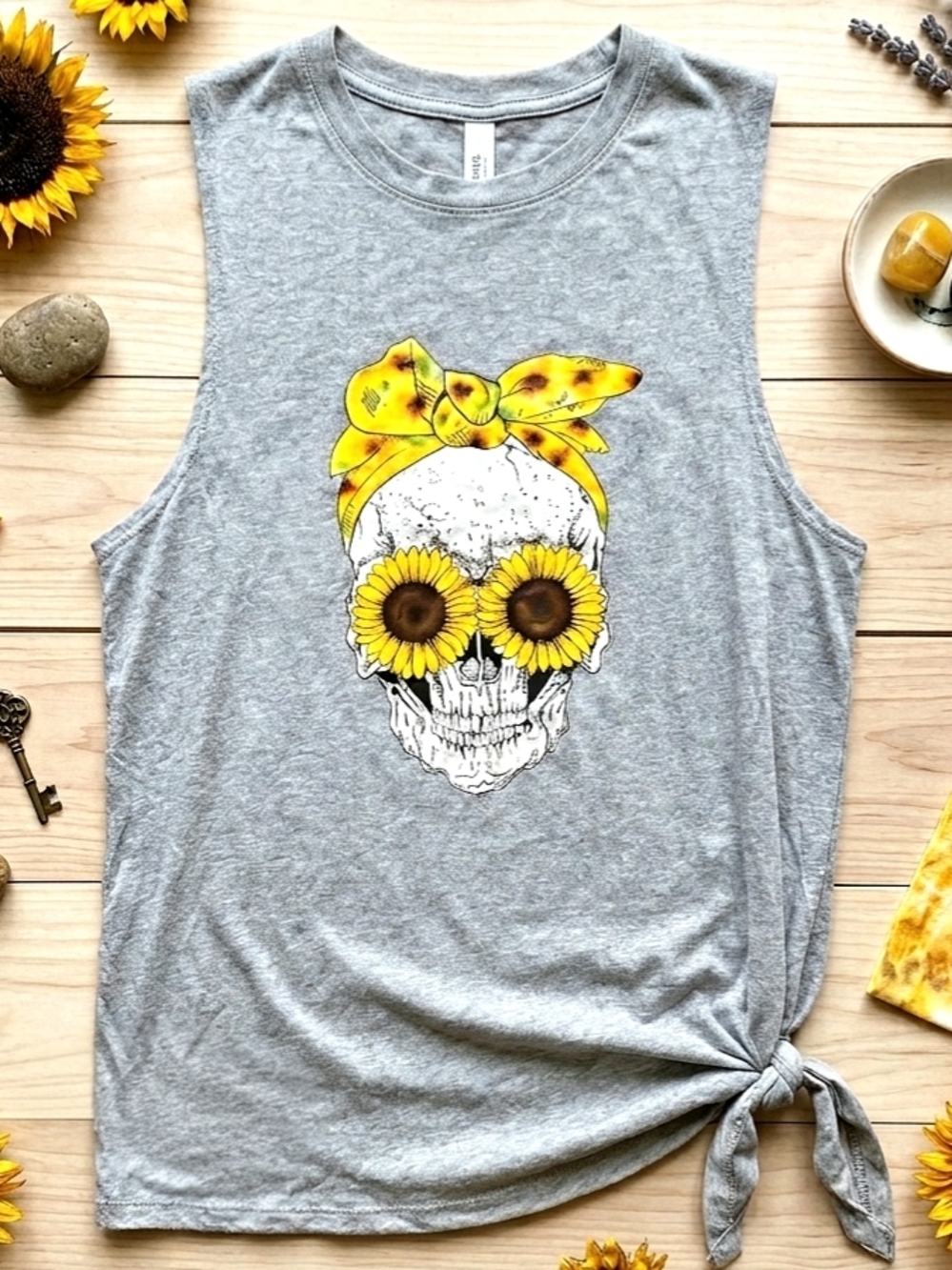 Gray Side Tie Summer Spring Skull Sunflower Graphic Sleeveless Tank Top Small